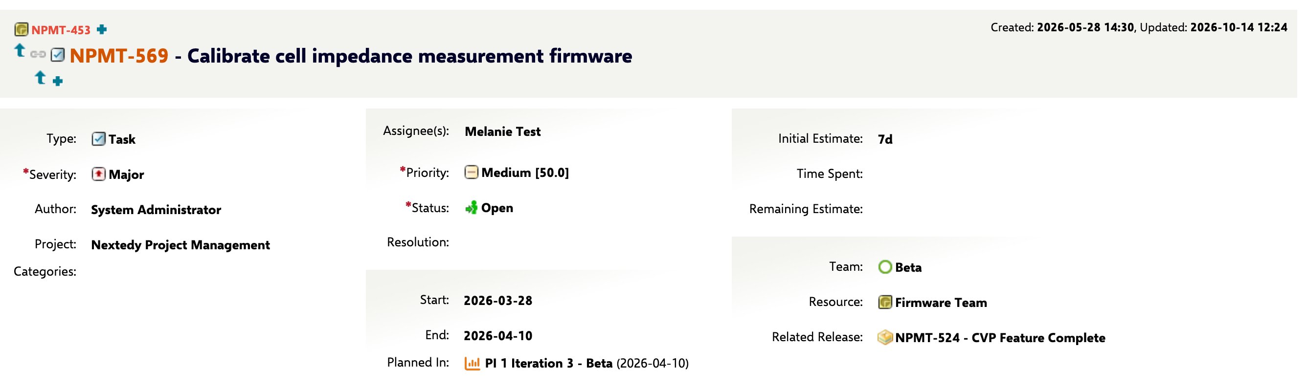 The saved task showing Firmware Team in its Resource field