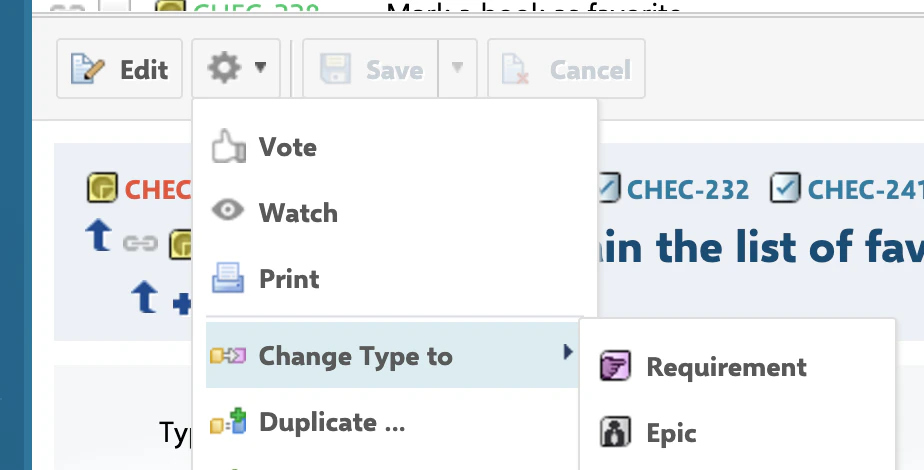 Work item type change action in Polarion