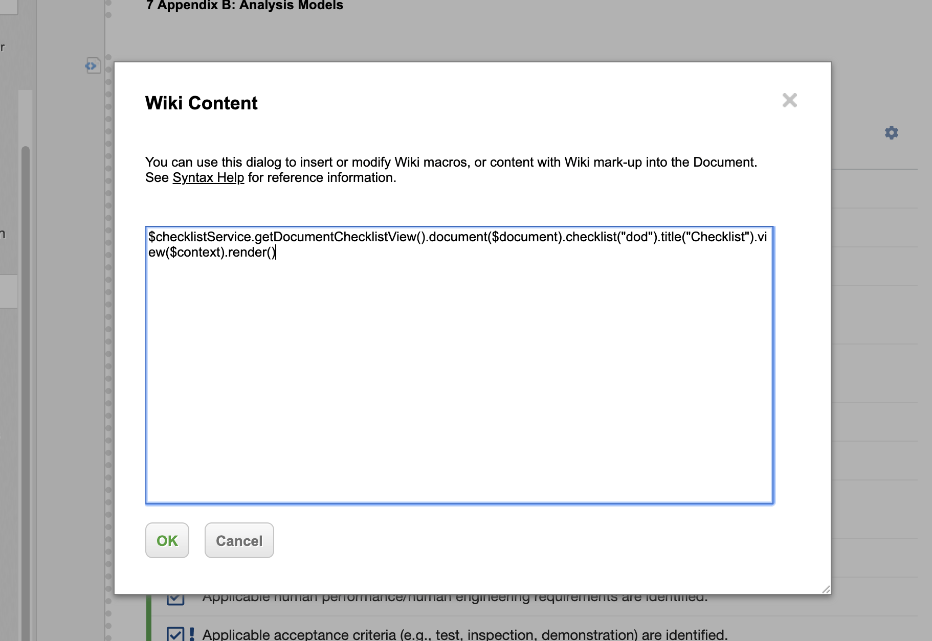 Wiki Content dialog with the getDocumentChecklistView() Velocity snippet for the dod checklist field entered in the text area.