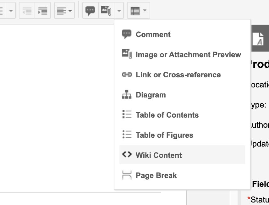 LiveDoc insert menu showing the Wiki Content option alongside Comment, Diagram, Table of Contents, and Page Break.
