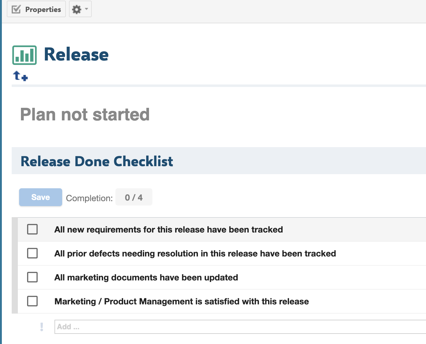 Report page of the 'Release' template plan showing the Release Done Checklist widget with its checklist items, used to seed the checklist on plans created from this template