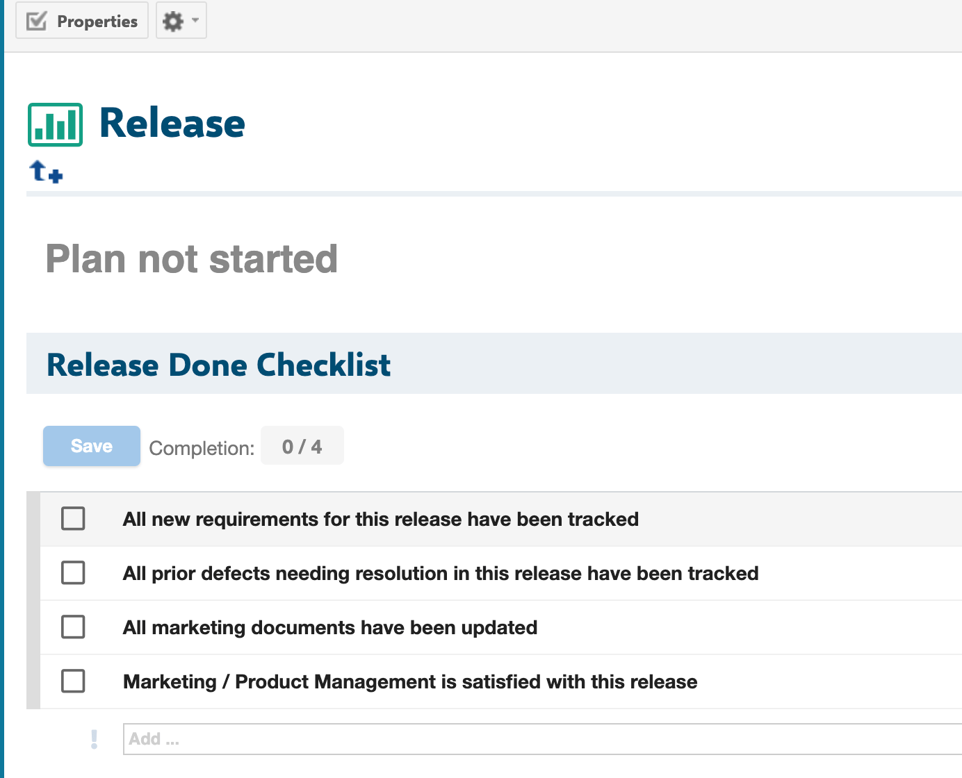 Report page of the 'Release' template plan showing the Release Done Checklist widget with its checklist items, used to seed the checklist on plans created from this template