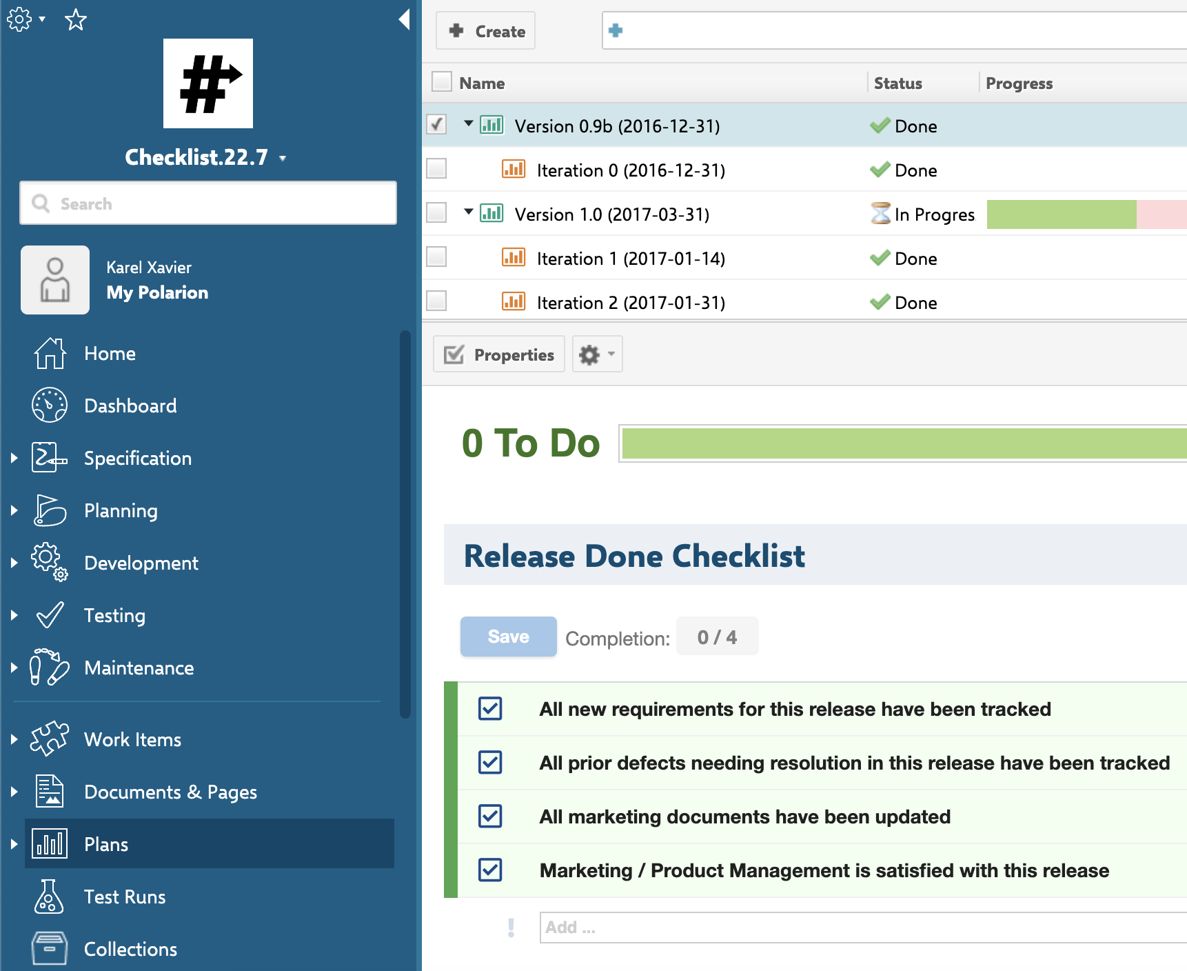 Plans list in the Polarion sidebar with a plan open, showing the Release Done Checklist widget with all four items checked