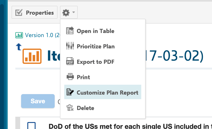 Plan page gear/settings menu with the 'Customize Plan Report' option highlighted