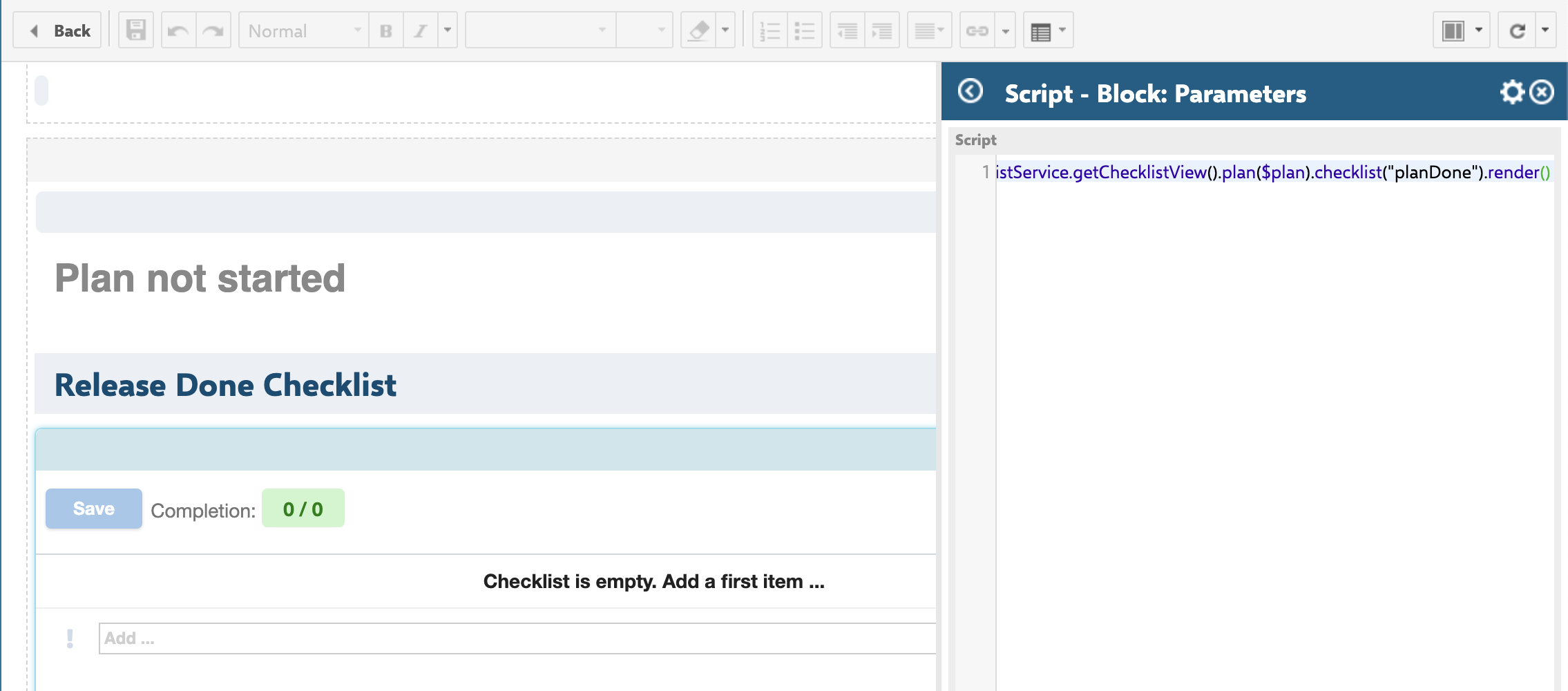 Script Block widget parameters panel showing the Velocity script $checklistService.getChecklistView().plan($plan).checklist('planDone').render(), with a live preview of the rendered checklist on the plan report page