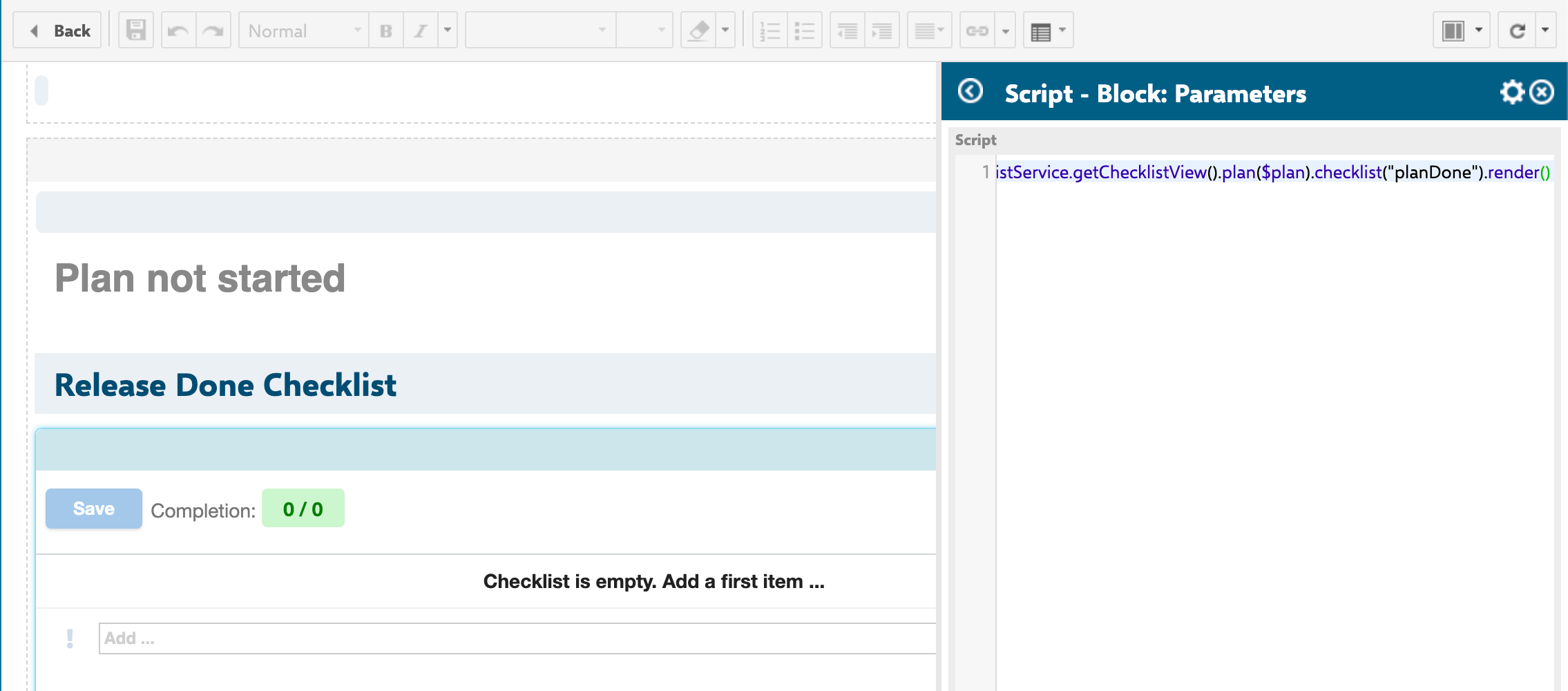 Script Block widget parameters panel showing the Velocity script $checklistService.getChecklistView().plan($plan).checklist('planDone').render(), with a live preview of the rendered checklist on the plan report page