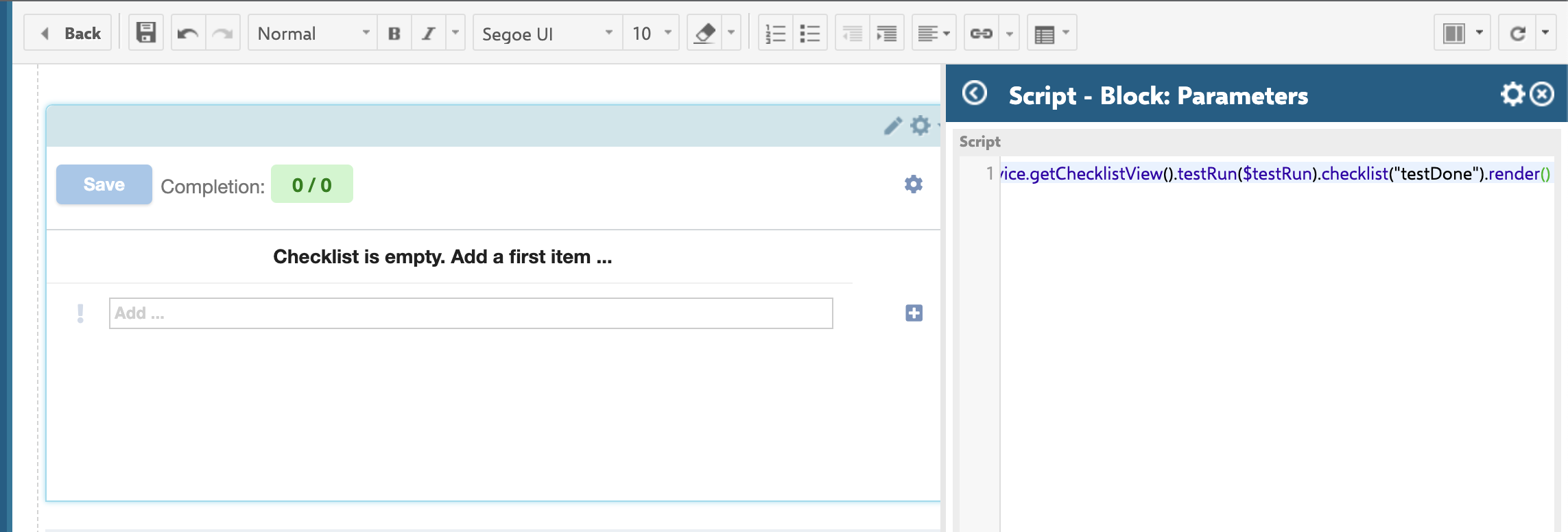 Script Block widget in the Test Run Report page editor showing the Velocity script that calls checklistService.getChecklistView().testRun($testRun).checklist("testDone").render(), with the resulting empty checklist widget rendered below it