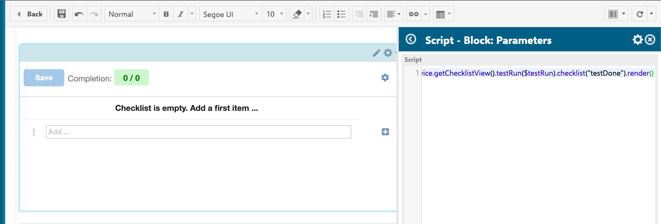 Script Block widget in the Test Run Report page editor showing the Velocity script that calls checklistService.getChecklistView().testRun($testRun).checklist("testDone").render(), with the resulting empty checklist widget rendered below it
