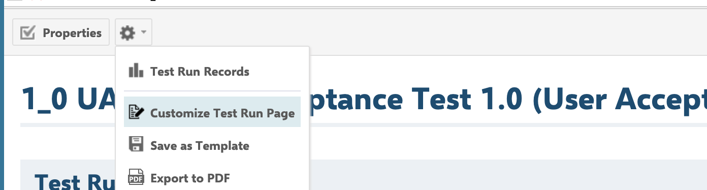 Test run gear menu with Customize Test Run Page highlighted, used to open the Test Run Report page editor
