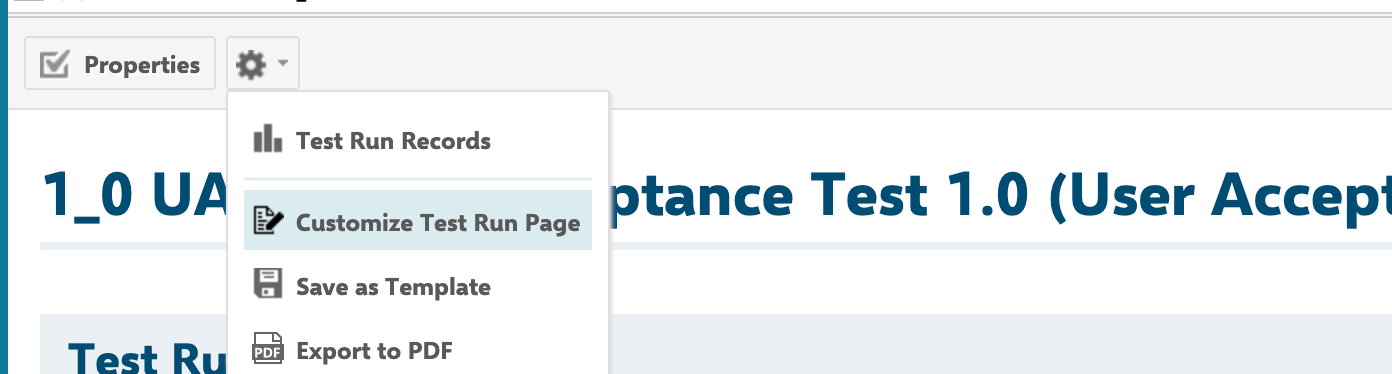 Test run gear menu with Customize Test Run Page highlighted, used to open the Test Run Report page editor