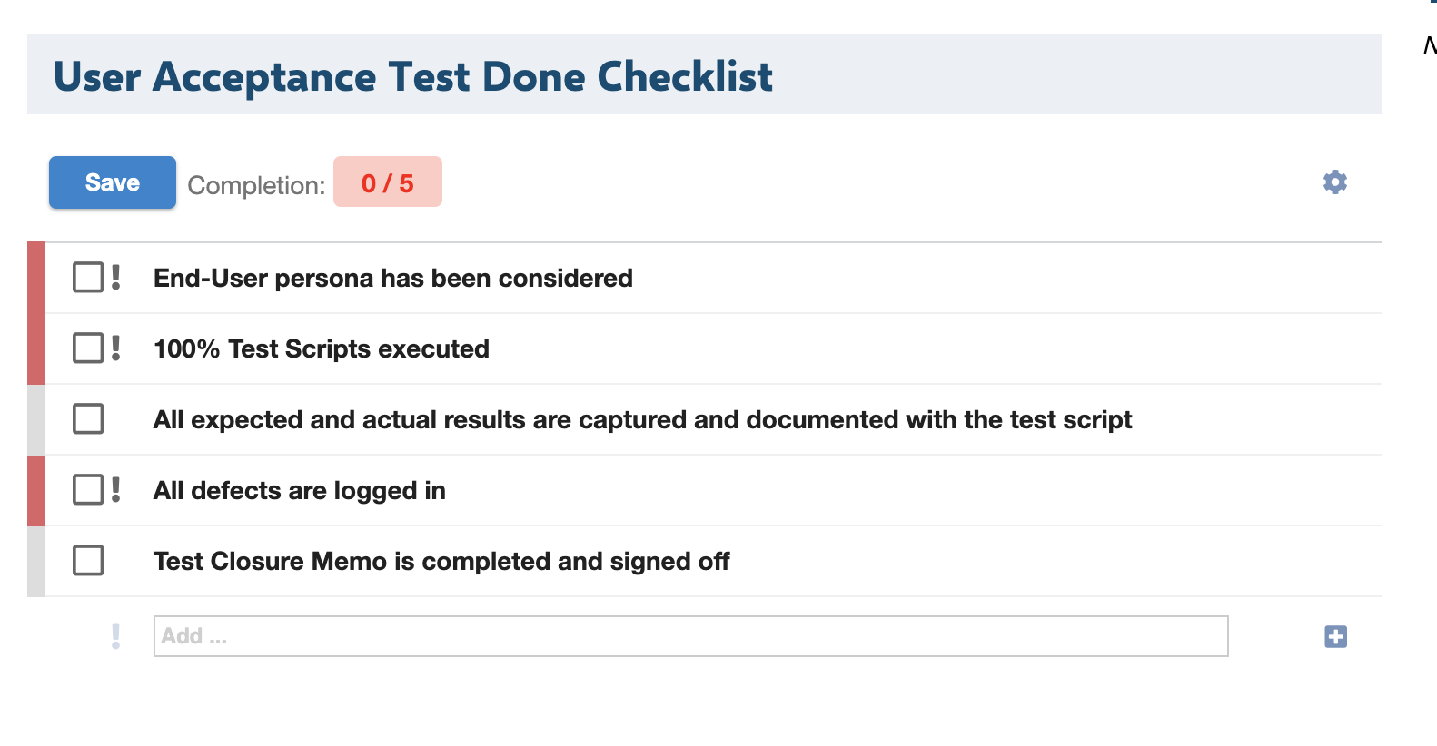 User Acceptance Test Done Checklist rendered on a test run created from a template, showing all 5 checklist items unchecked with 0 of 5 completion inherited from the template