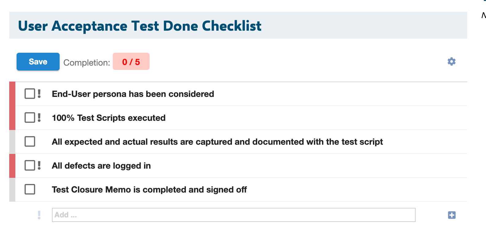 User Acceptance Test Done Checklist rendered on a test run created from a template, showing all 5 checklist items unchecked with 0 of 5 completion inherited from the template