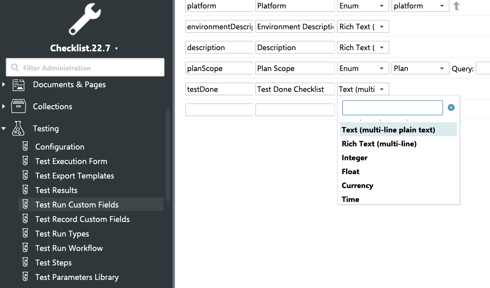 Test Run Custom Fields administration page with a new testDone custom field being configured, with the field type dropdown open showing Text (multi-line plain text) selected