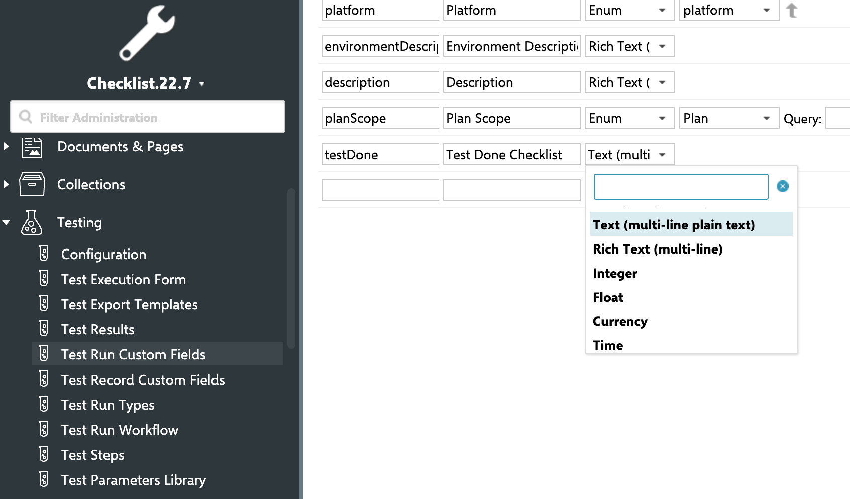 Test Run Custom Fields administration page with a new testDone custom field being configured, with the field type dropdown open showing Text (multi-line plain text) selected