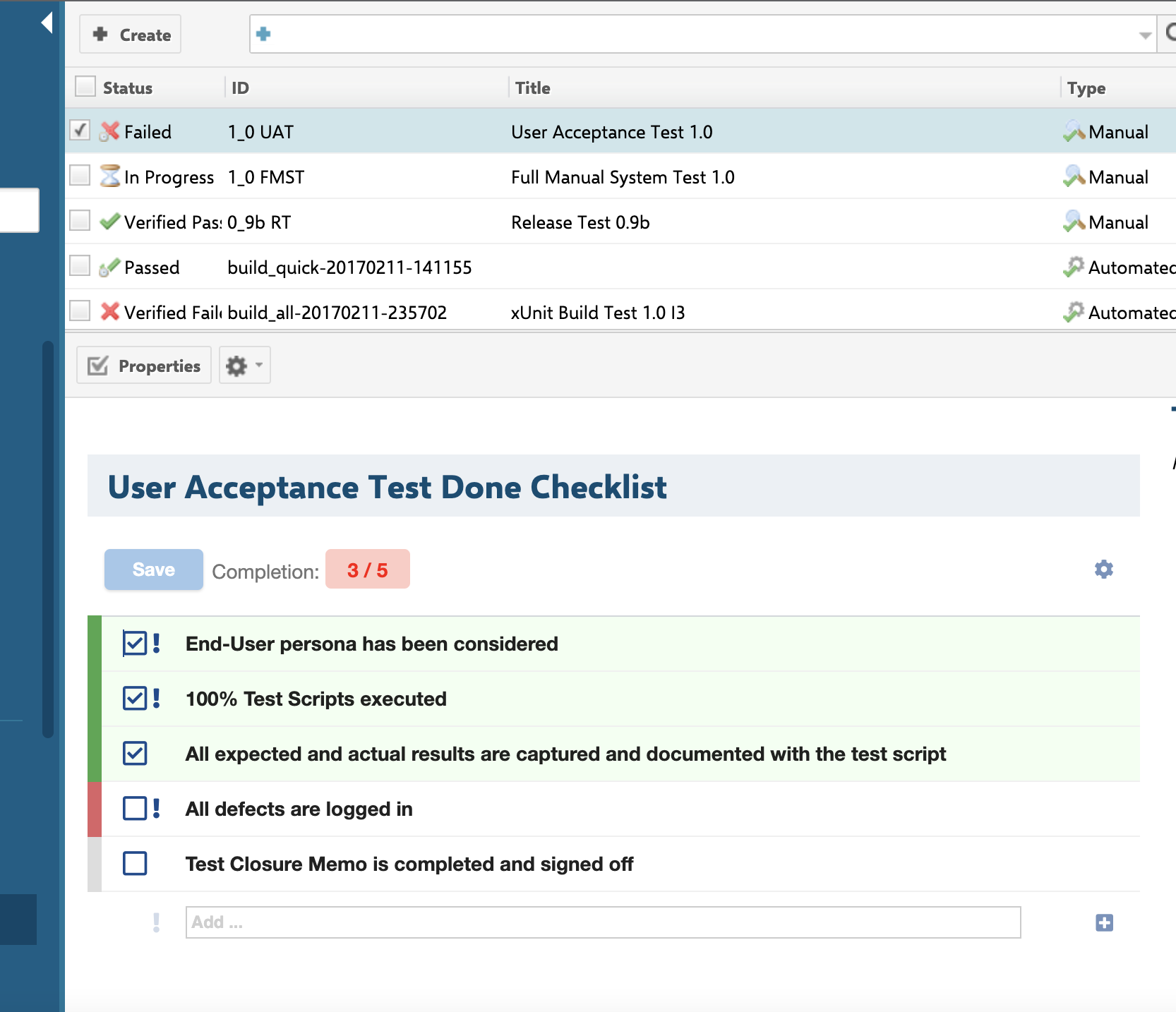 Polarion Test Run list with a test run selected, showing the User Acceptance Test Done Checklist rendered below it with a Save button and 3 of 5 items completed