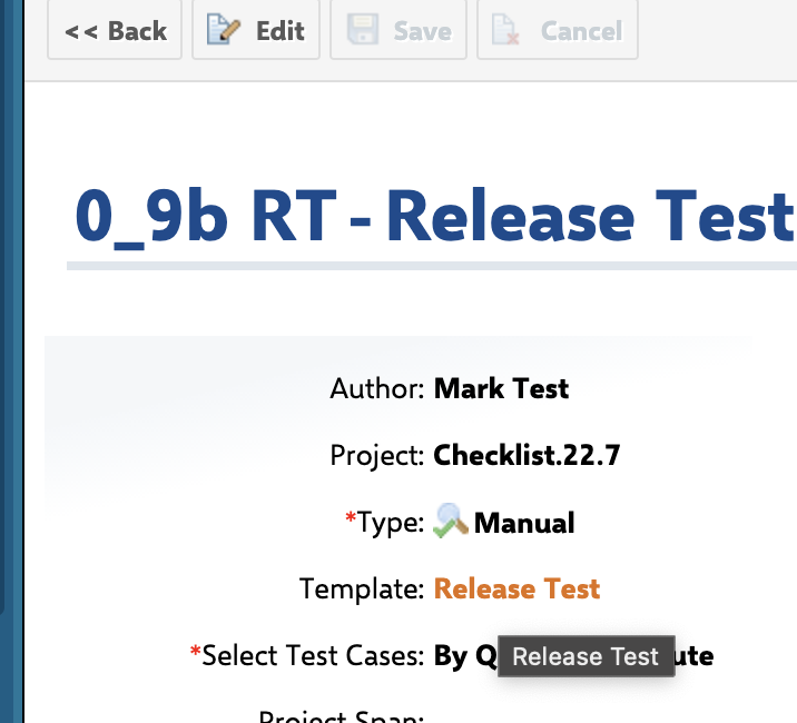 Test run properties page showing the Template field set to Release Test, used to link the test run to its template test run