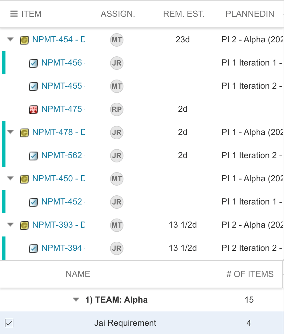 Blue stripe highlight extended to child items sharing the same assignee, with parent and dependent tasks still visible for context