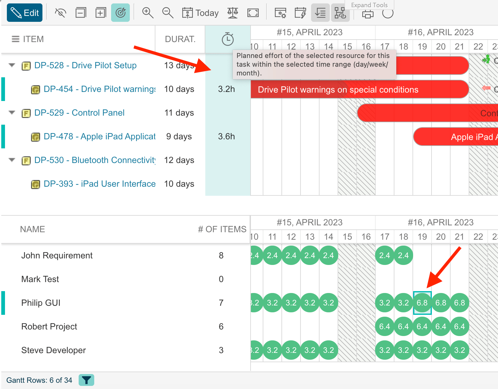 Previously collapsed parent trees automatically expanded after filtering by an allocation bubble, showing all affected items and their allocations