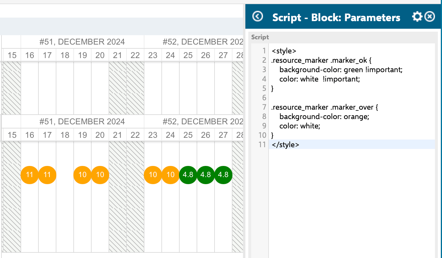 Resource View with allocation markers restyled via a static Script Block widget