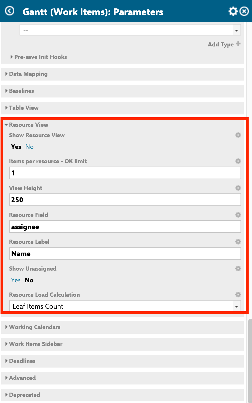 Resource View parameters in the Gantt Widget Parameters panel
