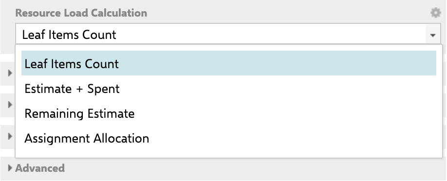 Resource Load Calculation dropdown listing the four available calculation modes