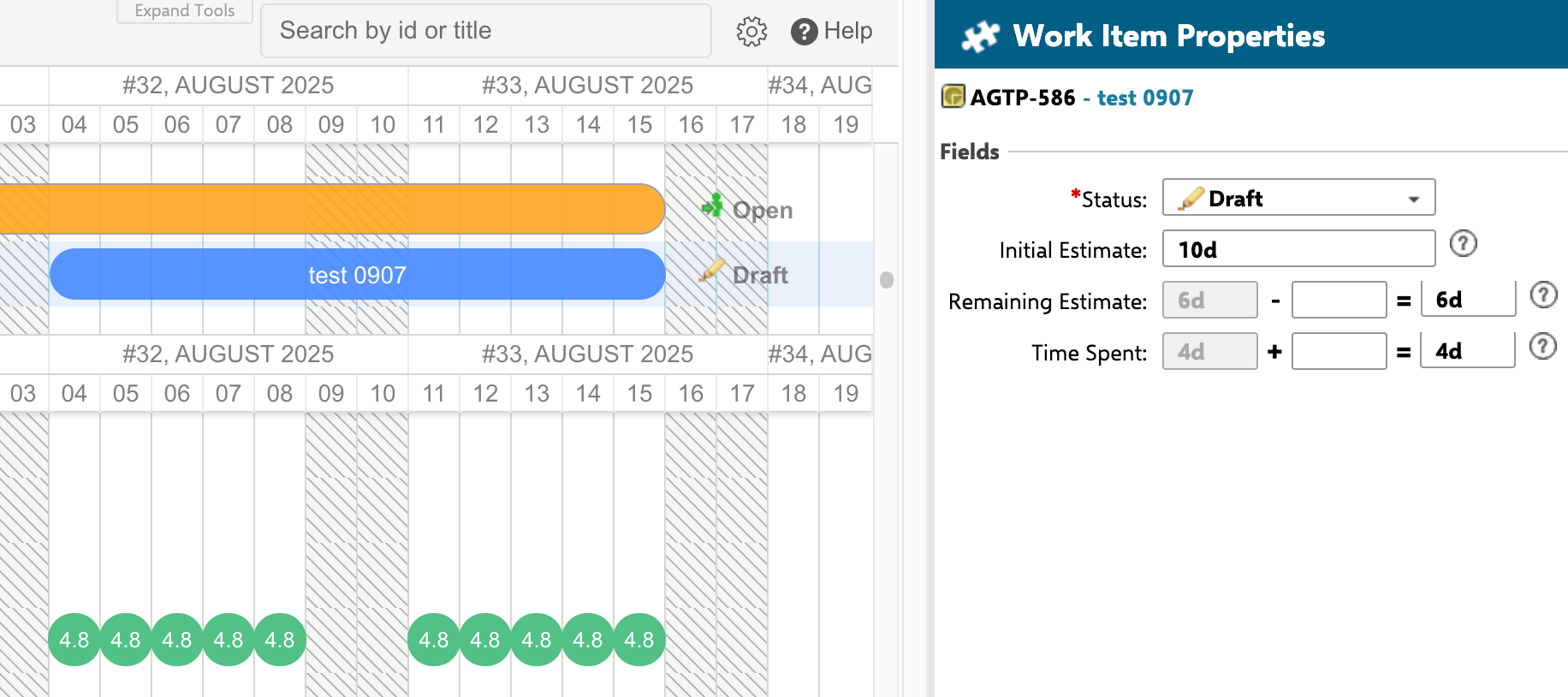 Remaining Estimate mode showing 4.8 hours per day from a 6-day estimate over 10 days