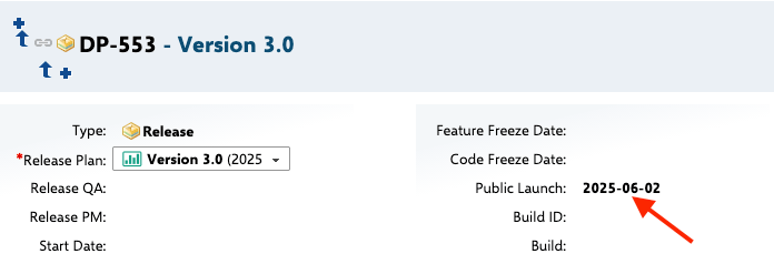 Blue markers generated from release-type work items, dated from their Public Launch custom field