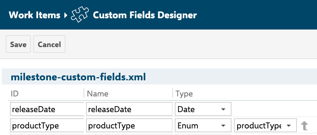 Milestone work item showing the releaseDate and productType custom fields
