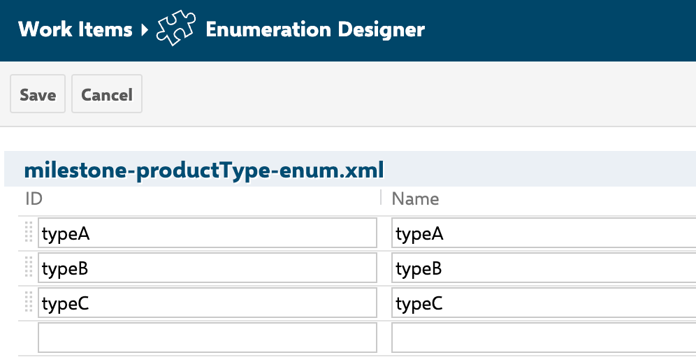 productType enumeration values typeA, typeB and typeC on a milestone work item