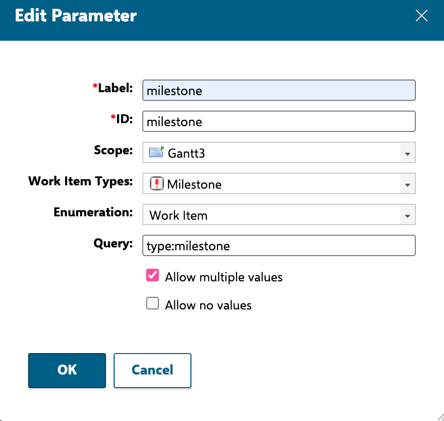 Edit-mode dialog creating an Enumeration page parameter with ID milestone