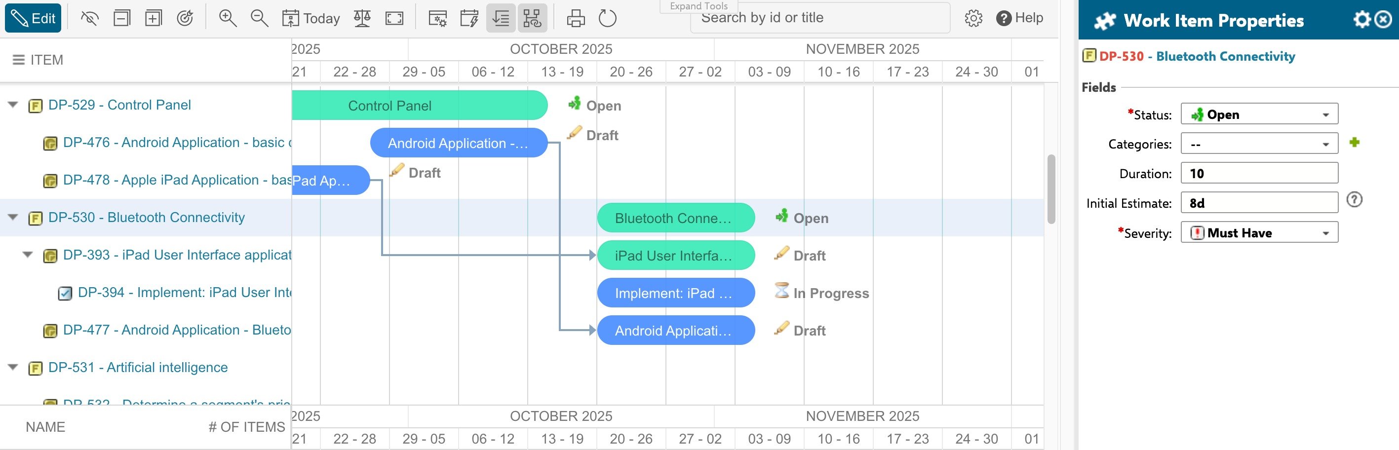 Gantt toolbar with the Edit button used to enter Edit mode for inline editing