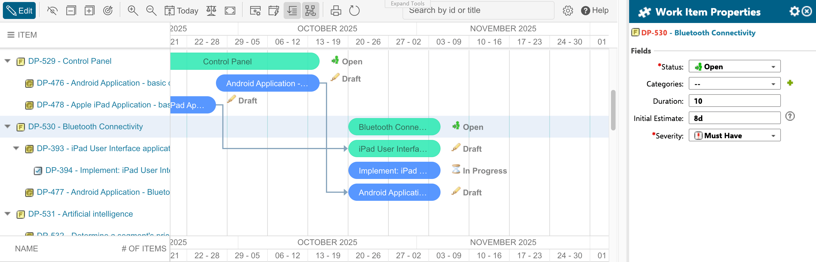 View Mode Work Item Properties sidebar showing a work item's status, estimates, and assignees after clicking it in the Gantt chart