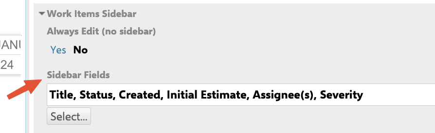 Configuring default sidebar fields in Widget Properties under Work Items Sidebar