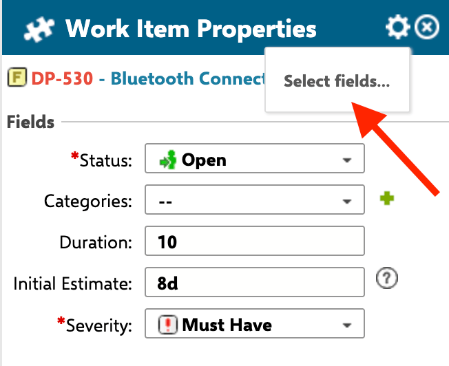 Select Fields gear button used to personalize which sidebar fields a user sees