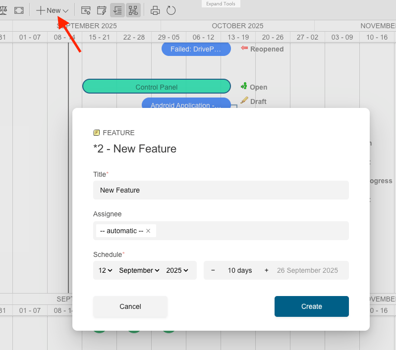 Using the +New button in Edit mode to add a new Work Item