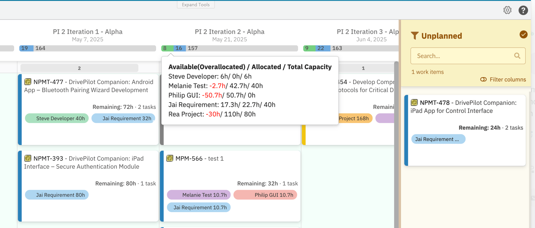 Planningboard with per-user capacity tooltip showing available and overallocated hours for each assignee, powered by the Teams Service