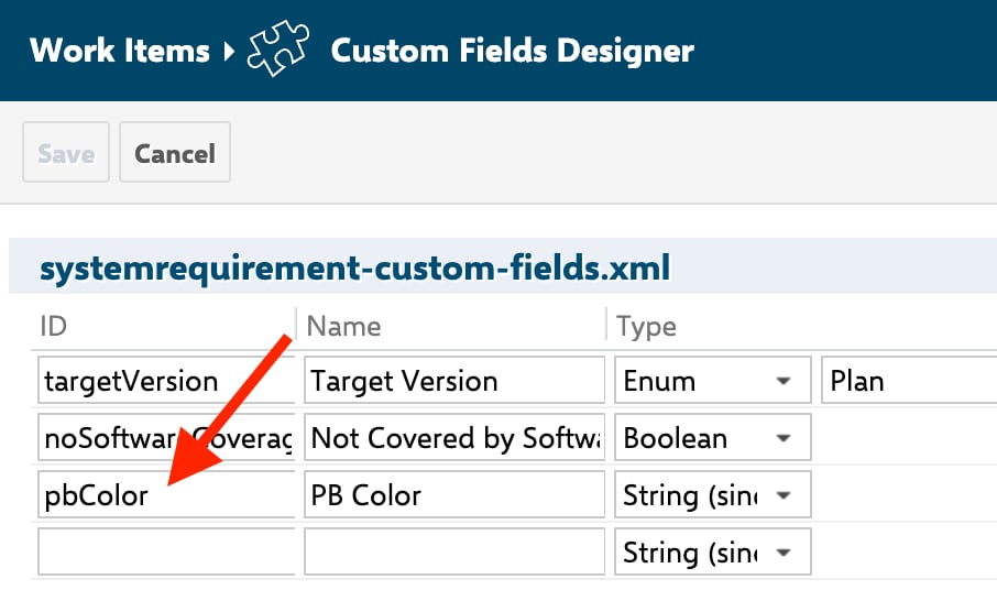 Polarion Custom Fields Designer showing the systemrequirement custom fields file with the pbColor field (type: String) highlighted by an arrow