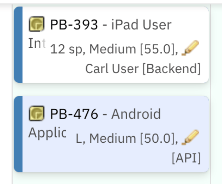 Two Planningboard cards showing two lines of item details: story points, priority, status on the first line and assignee with team in brackets on the second line