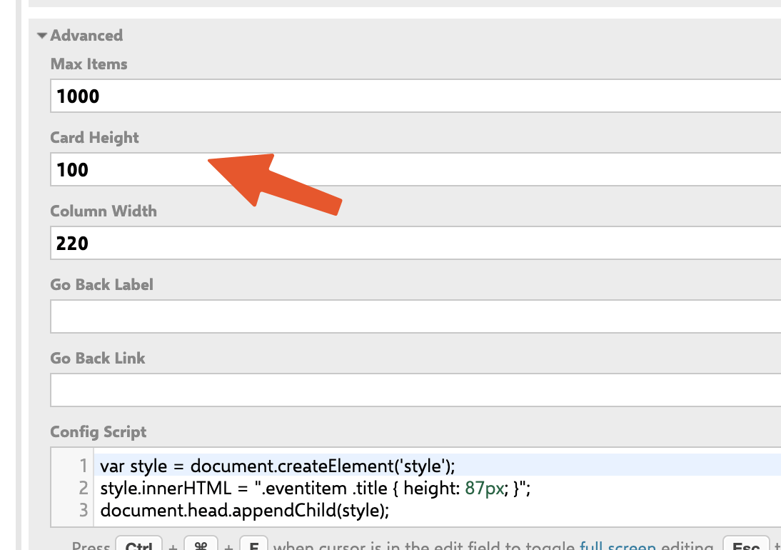 Widget Advanced Properties panel with Card Height set to 100 (highlighted with an arrow) and the Config Script field containing the CSS style injection snippet
