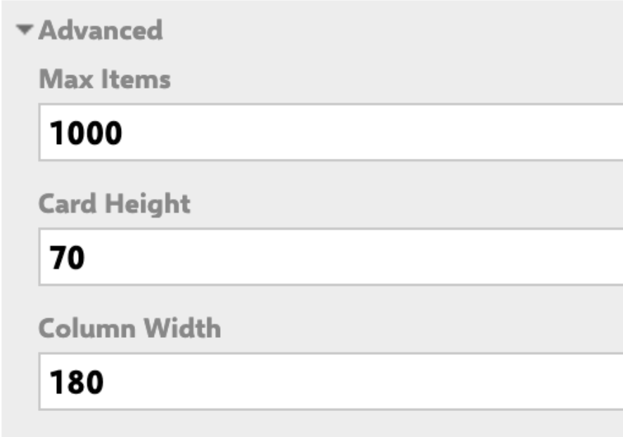 Widget Advanced Properties section showing the Max Items, Card Height (set to 70), and Column Width fields