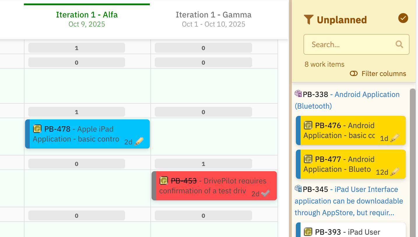 Planningboard showing cards colored by parent item — one swimlane has blue cards and another has red cards, with the Unplanned sidebar open on the right