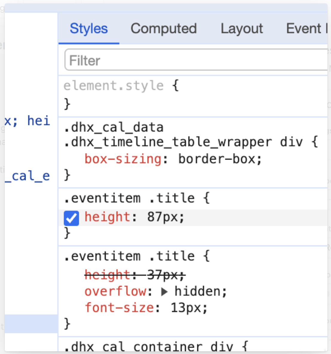 Browser DevTools Styles panel showing the injected .eventitem .title CSS rule with height: 87px overriding the default 37px value