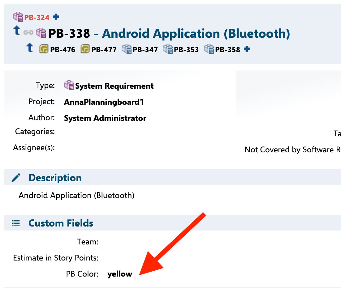 Polarion work item PB-338 (System Requirement) showing the Custom Fields section with PB Color field set to 'yellow', highlighted by an arrow