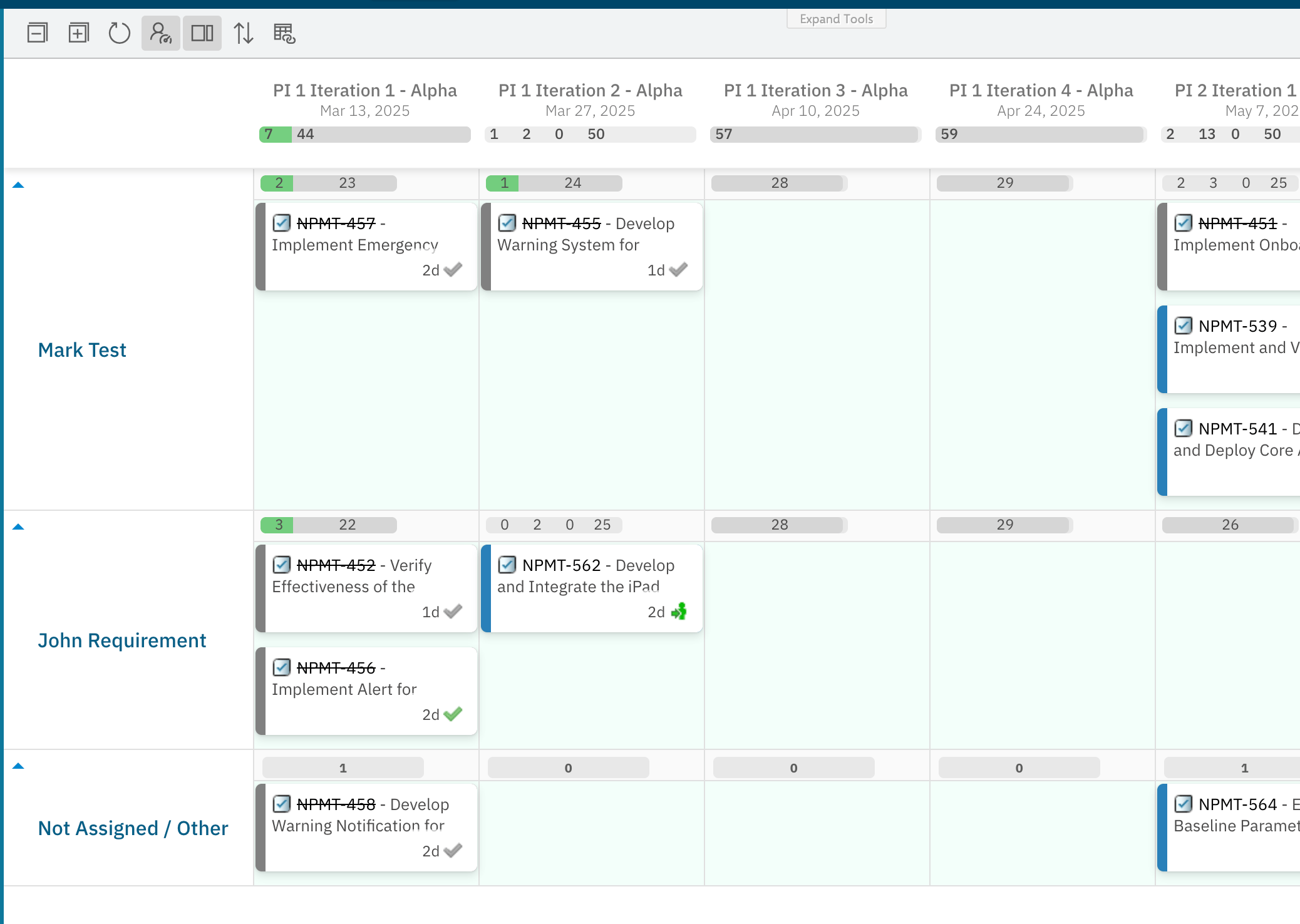 Planningboard showing swimlane rows for Mark Test, John Requirement, and Not Assigned / Other before plan-range filtering is enabled