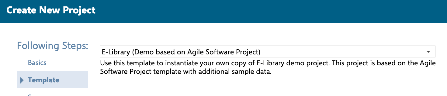 Create New Project dialog with the E-Library (Demo based on Agile Software Project) template selected