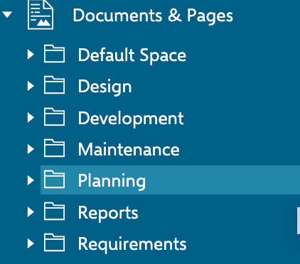 Documents and Pages sidebar showing project spaces including Default Space, Design, Development, Maintenance, Planning, Reports, and Requirements — with Planning highlighted