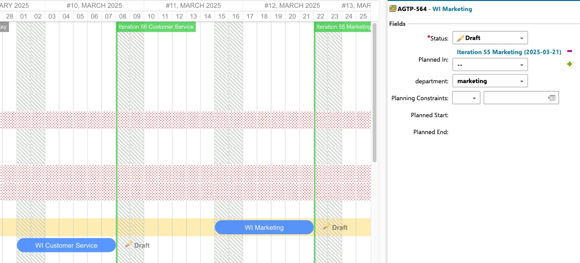 Gantt with two plans, Iteration 56 Customer Service and Iteration 55 Marketing. The work item WI Marketing, whose department is marketing, is planned only in Iteration 55 Marketing.