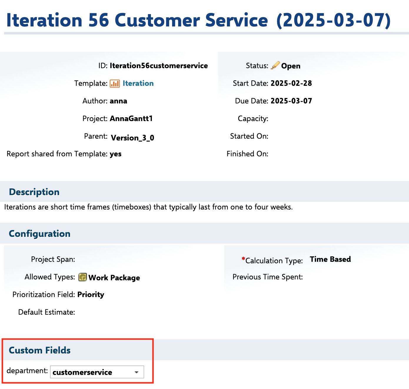 Plan Iteration 56 Customer Service with the custom field department set to customerservice
