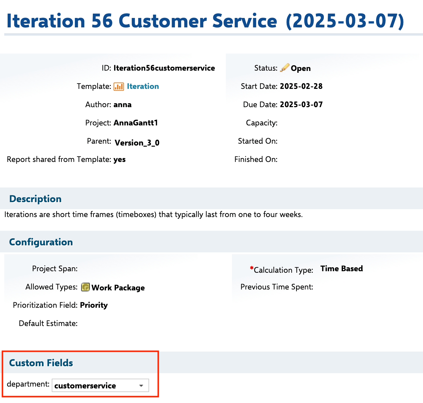 Plan Iteration 56 Customer Service with the custom field department set to customerservice