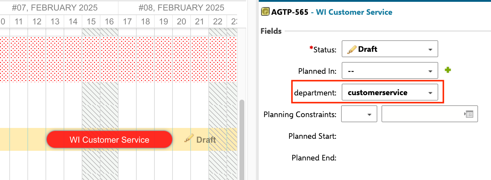 Work item WI Customer Service with department set to customerservice and Planned In empty